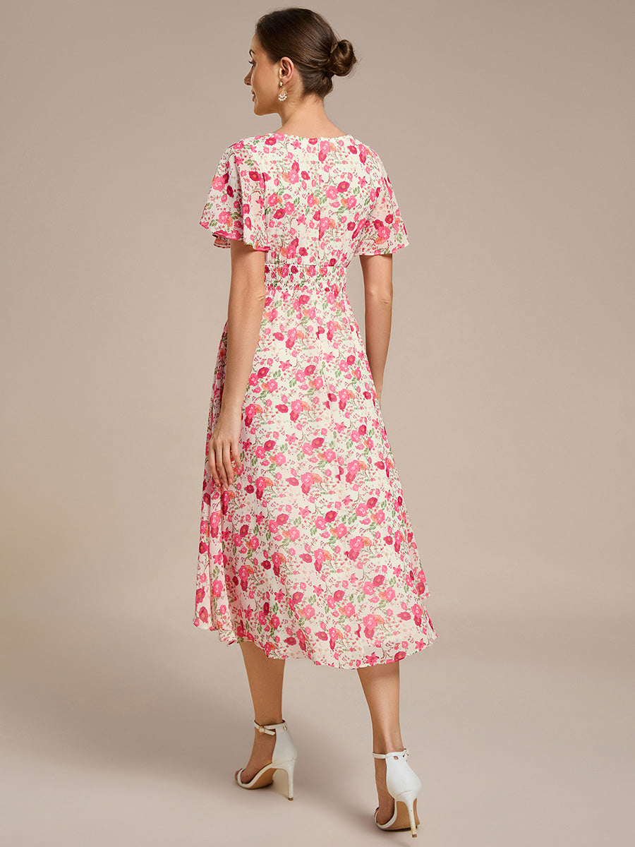 Robe d'invité de mariage trapèze en mousseline fluide à encolure ronde et longueur au genou #Couleur_Blanc Rouge