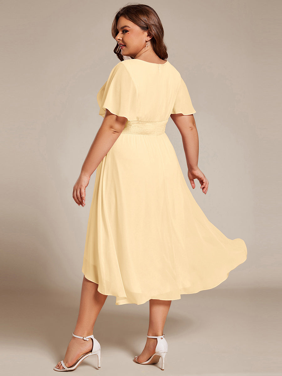 Robe d'invité de mariage trapèze en mousseline fluide à encolure ronde et longueur au genou #Couleur_Jaune