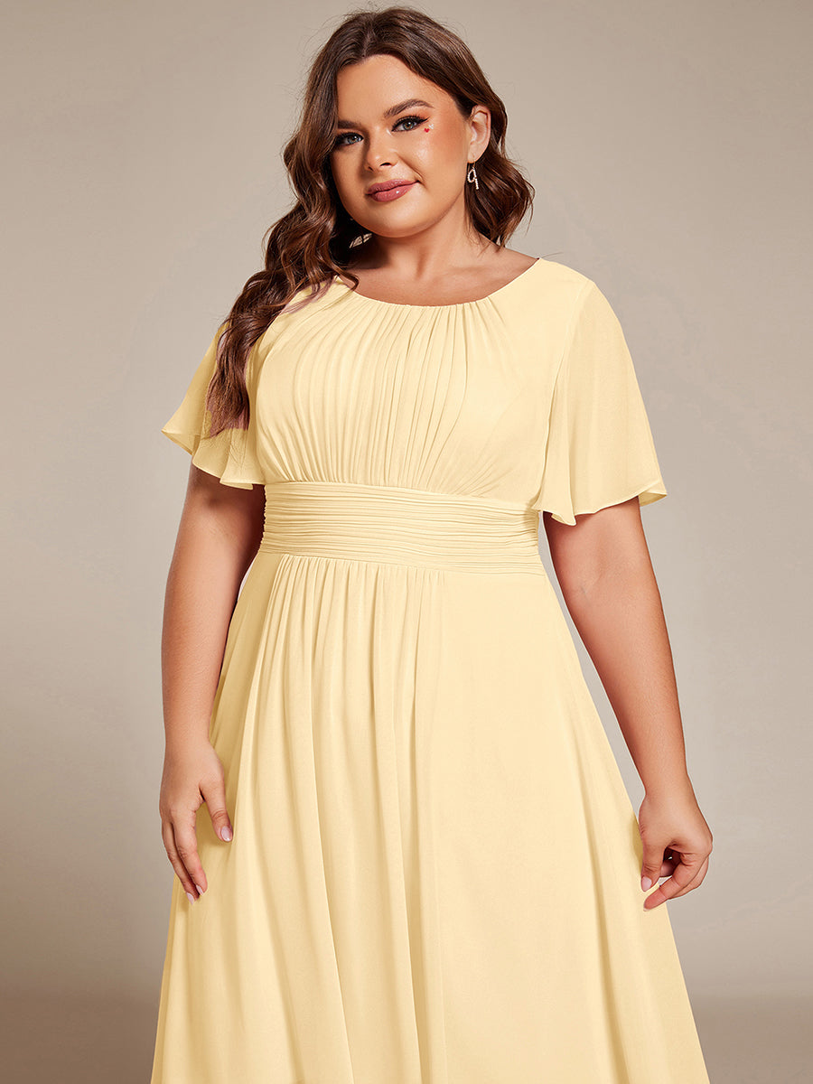 Robe d'invité de mariage trapèze en mousseline fluide à encolure ronde et longueur au genou #Couleur_Jaune