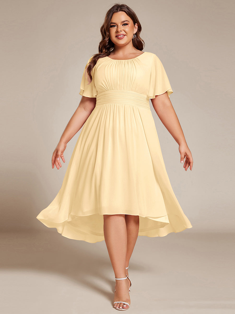 Robe d'invité de mariage trapèze en mousseline fluide à encolure ronde et longueur au genou #Couleur_Jaune
