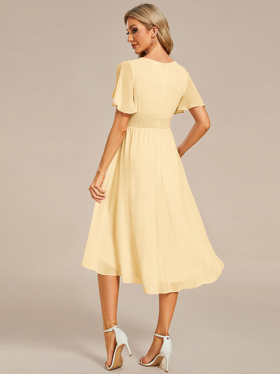 Robe d'invité de mariage trapèze en mousseline fluide à encolure ronde et longueur au genou #Couleur_Jaune