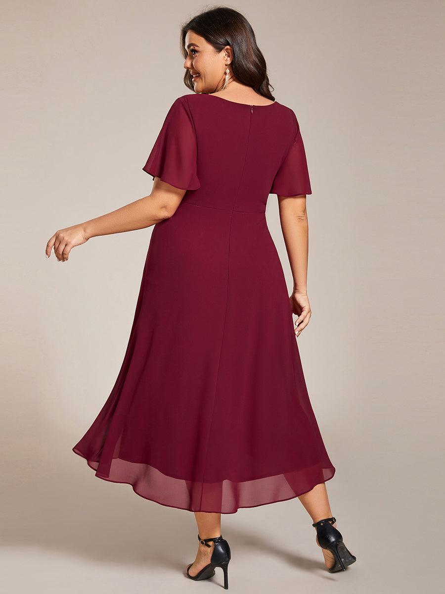 Grande Taille Robe D'invit???| De Mariage Mi-Longue Pliss???|e En Mousseline De Soie ???N Manches Courtes Et Col En V De #Couleur_Bordeaux