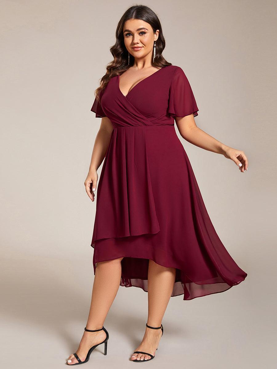 Robe D'invité De Mariage En Mousseline De Soie Mi-Longue Plissée à Manches à Volants Et Col En V #Couleur_Bordeaux