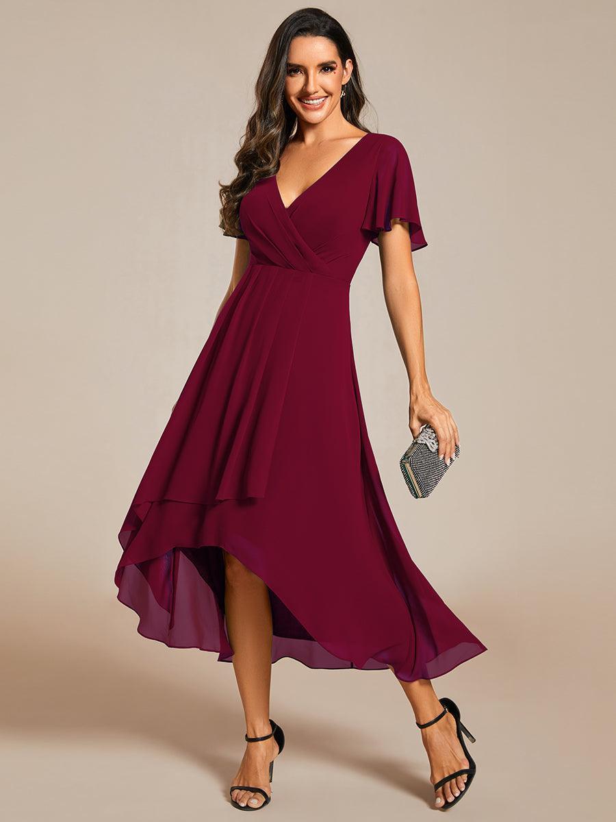 Robe D'invité De Mariage En Mousseline De Soie Mi-Longue Plissée à Manches à Volants Et Col En V #Couleur_Bordeaux