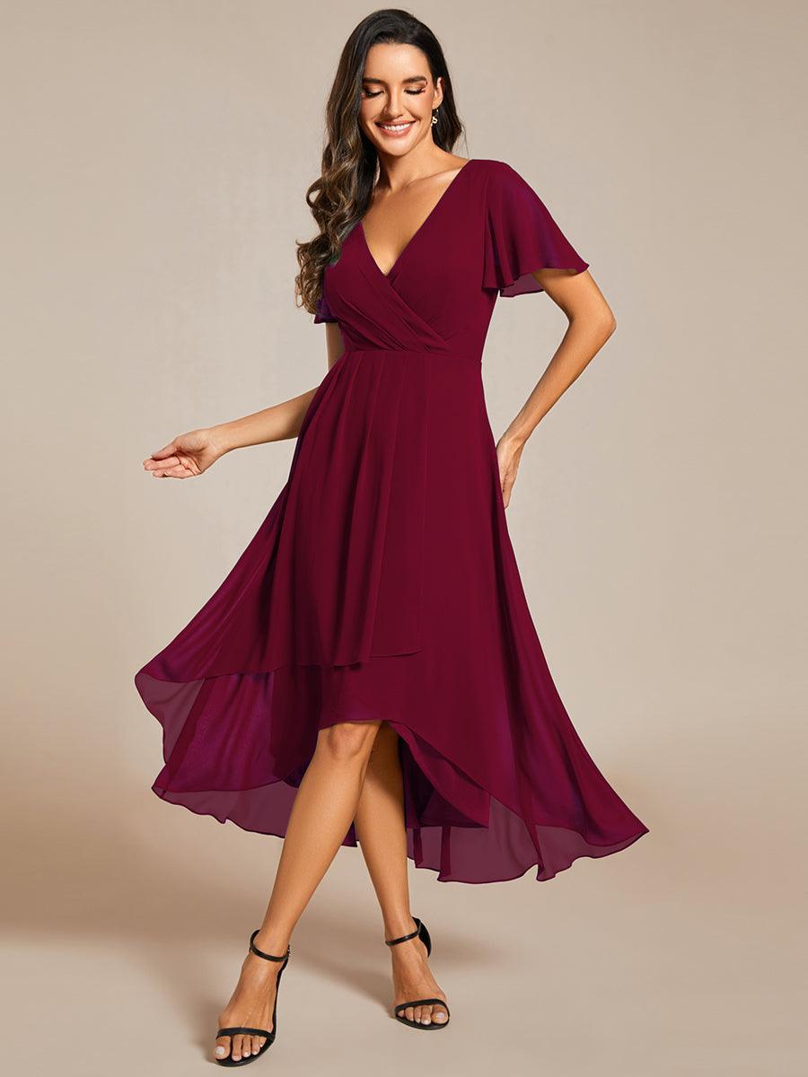 Robe D'invité De Mariage En Mousseline De Soie Mi-Longue Plissée à Manches à Volants Et Col En V #Couleur_Bordeaux