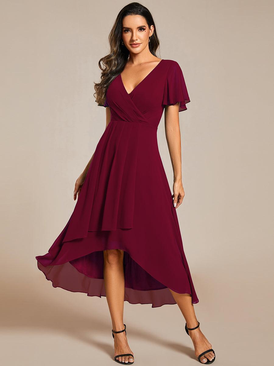 Robe D'invité De Mariage En Mousseline De Soie Mi-Longue Plissée à Manches à Volants Et Col En V #Couleur_Bordeaux