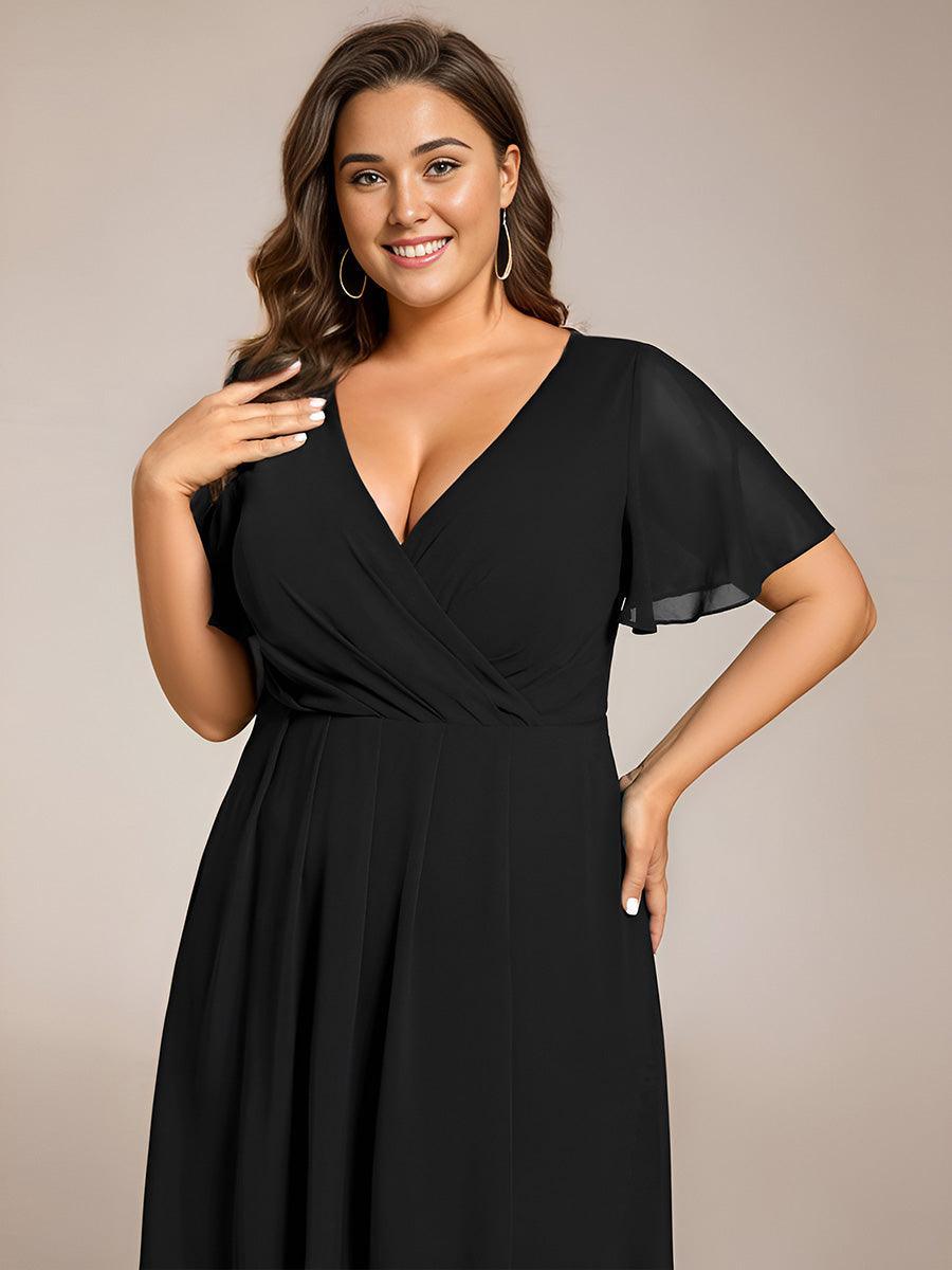 Robe D'invité De Mariage En Mousseline De Soie Mi-Longue Plissée à Manches à Volants Et Col En V #Couleur_Noir