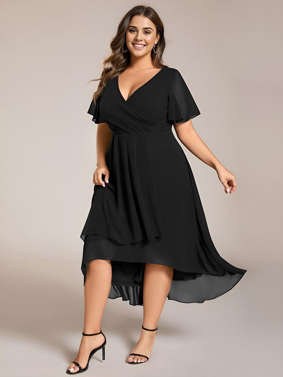 Robe D'invité De Mariage En Mousseline De Soie Mi-Longue Plissée à Manches à Volants Et Col En V #Couleur_Noir
