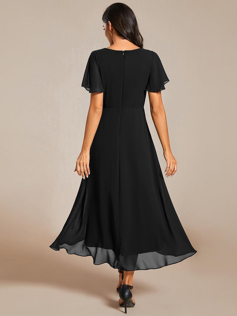 Robe D'invité De Mariage En Mousseline De Soie Mi-Longue Plissée à Manches à Volants Et Col En V #Couleur_Noir