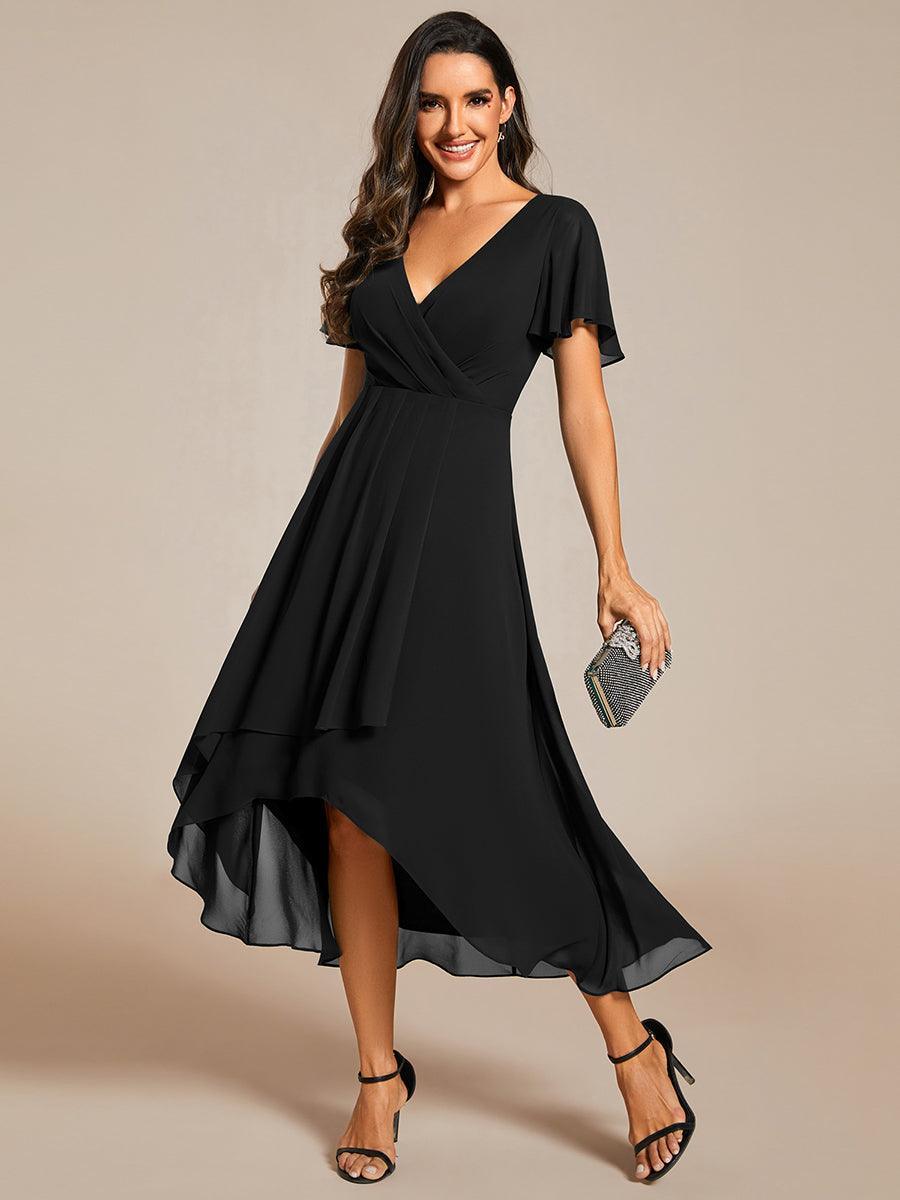Robe D'invité De Mariage En Mousseline De Soie Mi-Longue Plissée à Manches à Volants Et Col En V #Couleur_Noir
