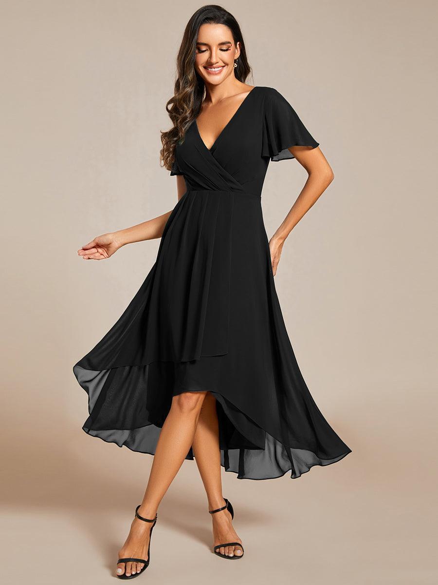 Robe D'invité De Mariage En Mousseline De Soie Mi-Longue Plissée à Manches à Volants Et Col En V #Couleur_Noir