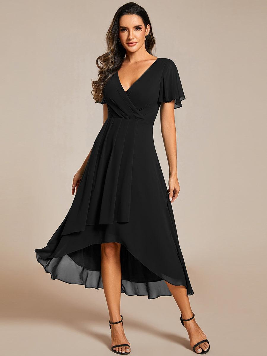 Robe D'invité De Mariage En Mousseline De Soie Mi-Longue Plissée à Manches à Volants Et Col En V #Couleur_Noir
