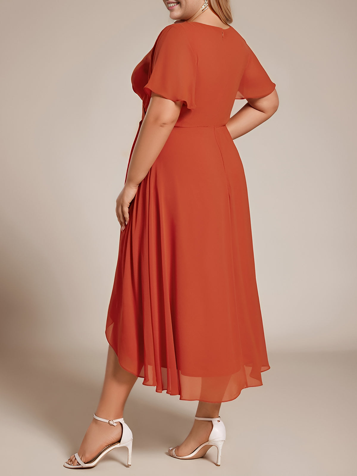 Grande Taille Robe D'invit???| De Mariage Mi-Longue Pliss???|e En Mousseline De Soie ???N Manches Courtes Et Col En V De #Couleur_Burnt Orange