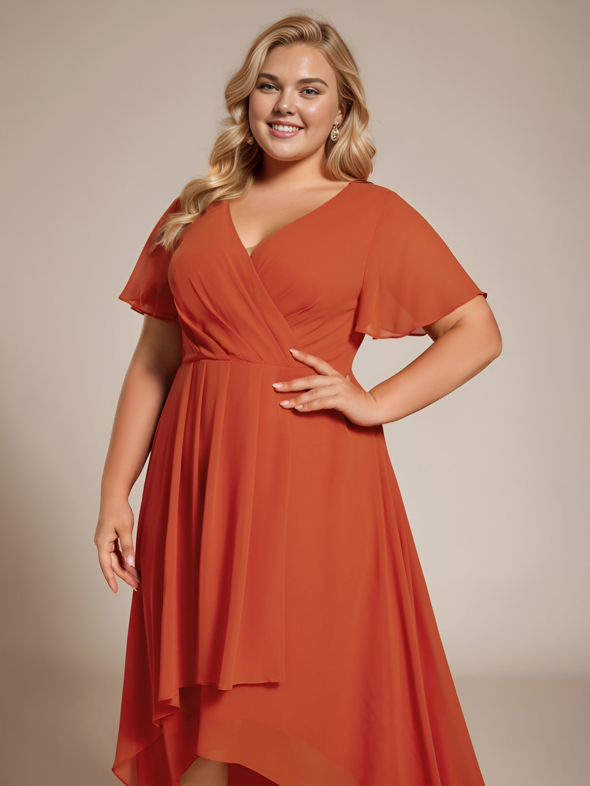 Grande Taille Robe D'invit???| De Mariage Mi-Longue Pliss???|e En Mousseline De Soie ???N Manches Courtes Et Col En V De #Couleur_Burnt Orange