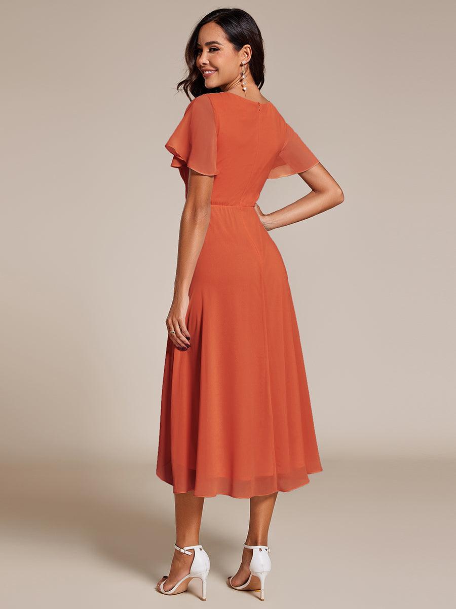 Robe D'invité De Mariage En Mousseline De Soie Mi-Longue Plissée à Manches à Volants Et Col En V #Couleur_Burnt Orange