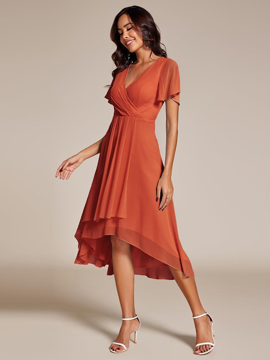 Robe D'invité De Mariage En Mousseline De Soie Mi-Longue Plissée à Manches à Volants Et Col En V #Couleur_Burnt Orange