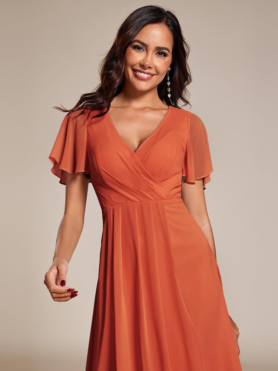 Robe D'invité De Mariage En Mousseline De Soie Mi-Longue Plissée à Manches à Volants Et Col En V #Couleur_Burnt Orange