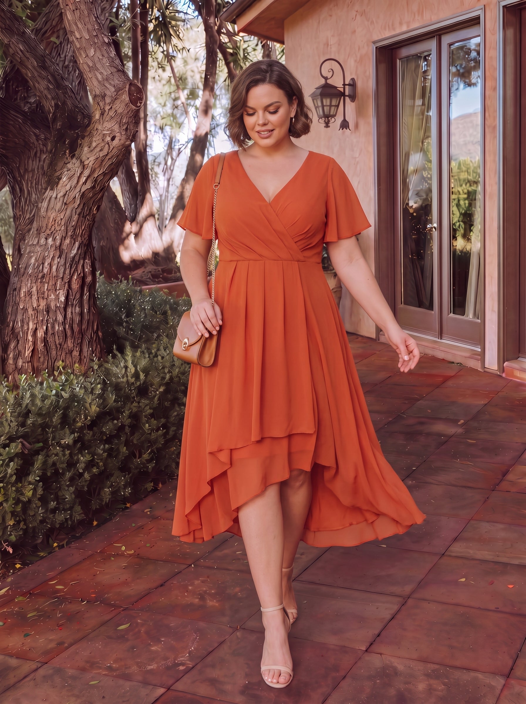 Grande Taille Robe D'invit???| De Mariage Mi-Longue Pliss???|e En Mousseline De Soie ???N Manches Courtes Et Col En V De #Couleur_Burnt Orange