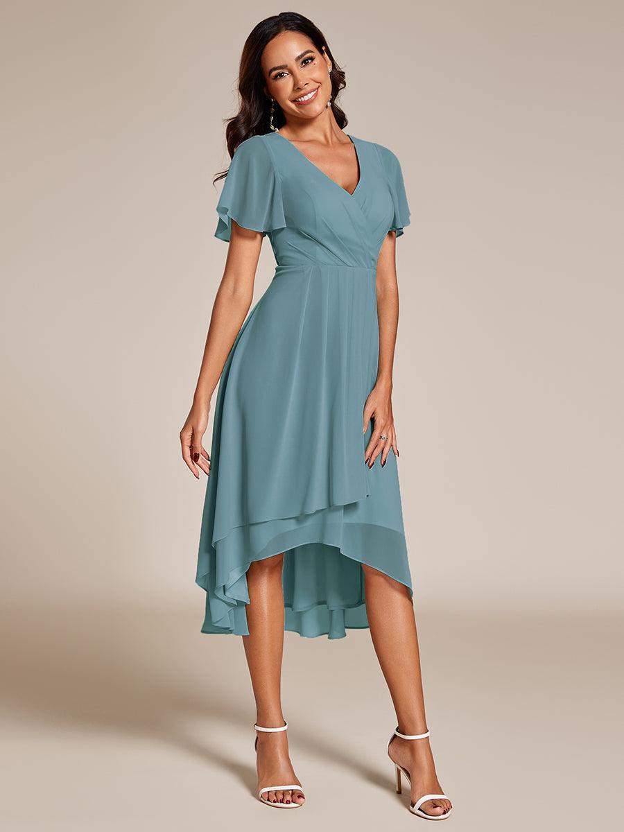 Robe D'invité De Mariage En Mousseline De Soie Mi-Longue Plissée à Manches à Volants Et Col En V #Couleur_Bleu Fume