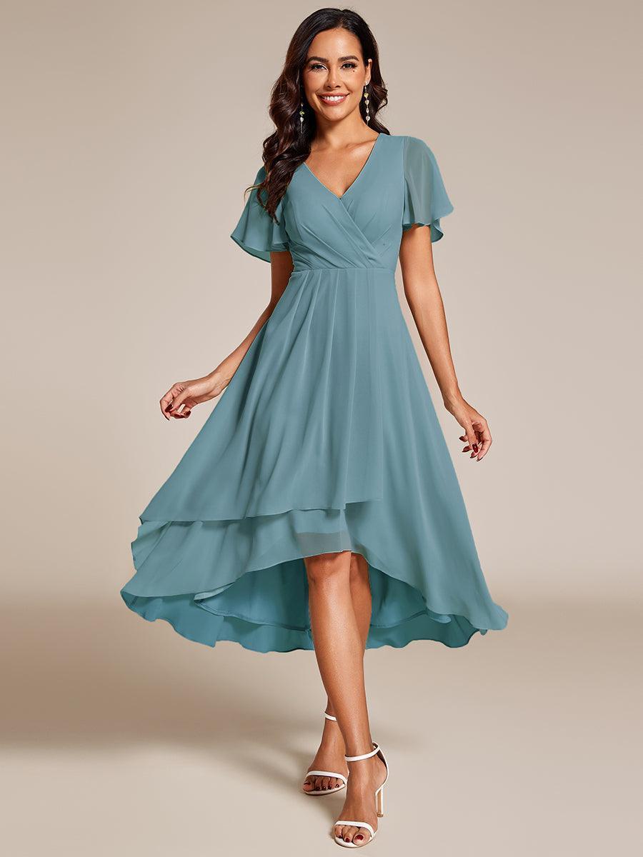 Robe D'invité De Mariage En Mousseline De Soie Mi-Longue Plissée à Manches à Volants Et Col En V #Couleur_Bleu Fume