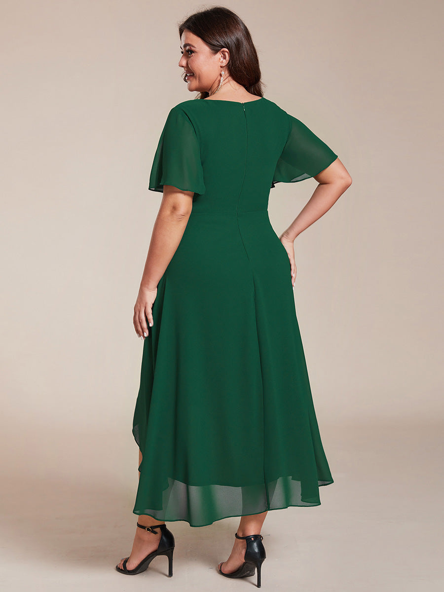 Robe D'invité De Mariage En Mousseline De Soie Mi-Longue Plissée à Manches à Volants Et Col En V #Couleur_Vert Fonce