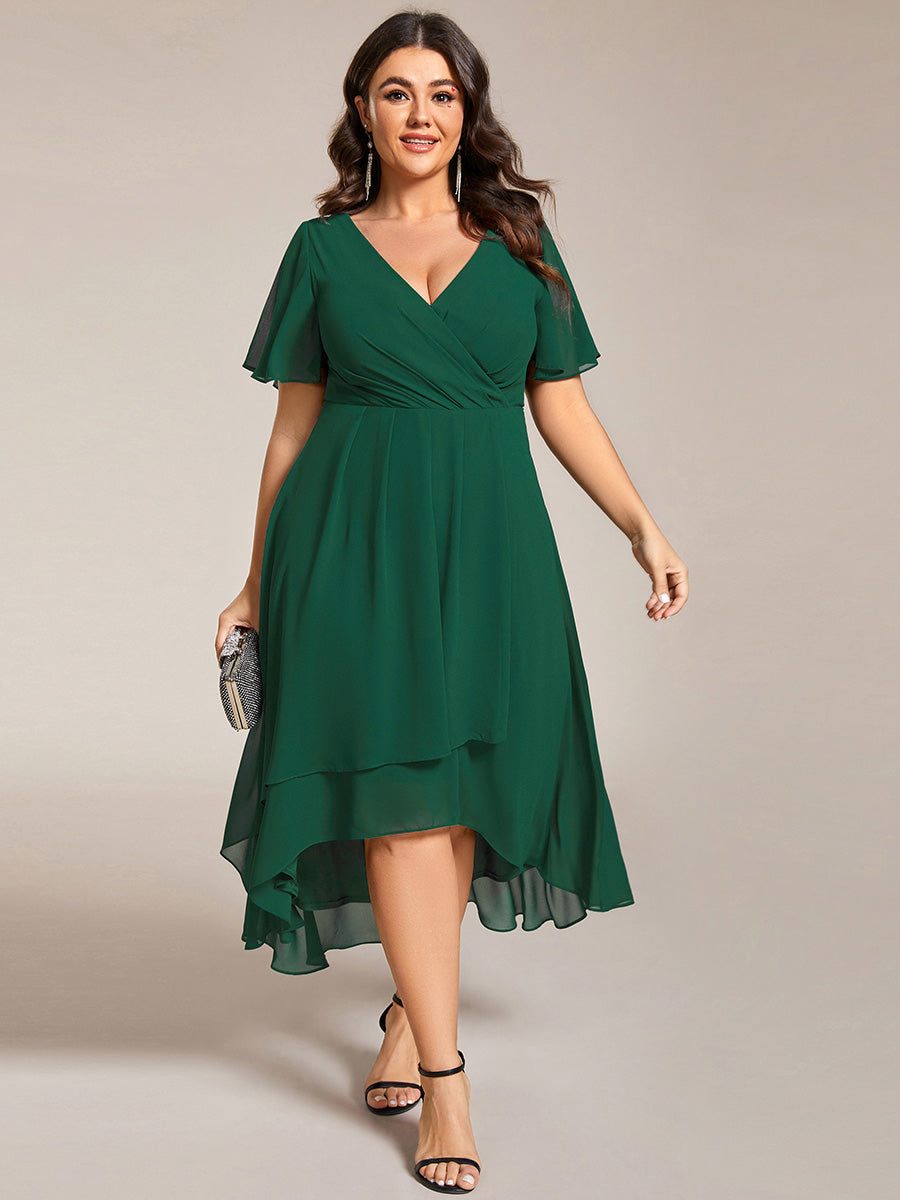 Grande Taille Robe D'invit???| De Mariage Mi-Longue Pliss???|e En Mousseline De Soie ???N Manches Courtes Et Col En V De #Couleur_Vert Fonce