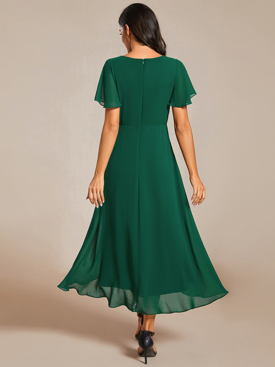 Robe D'invité De Mariage En Mousseline De Soie Mi-Longue Plissée à Manches à Volants Et Col En V #Couleur_Vert Fonce
