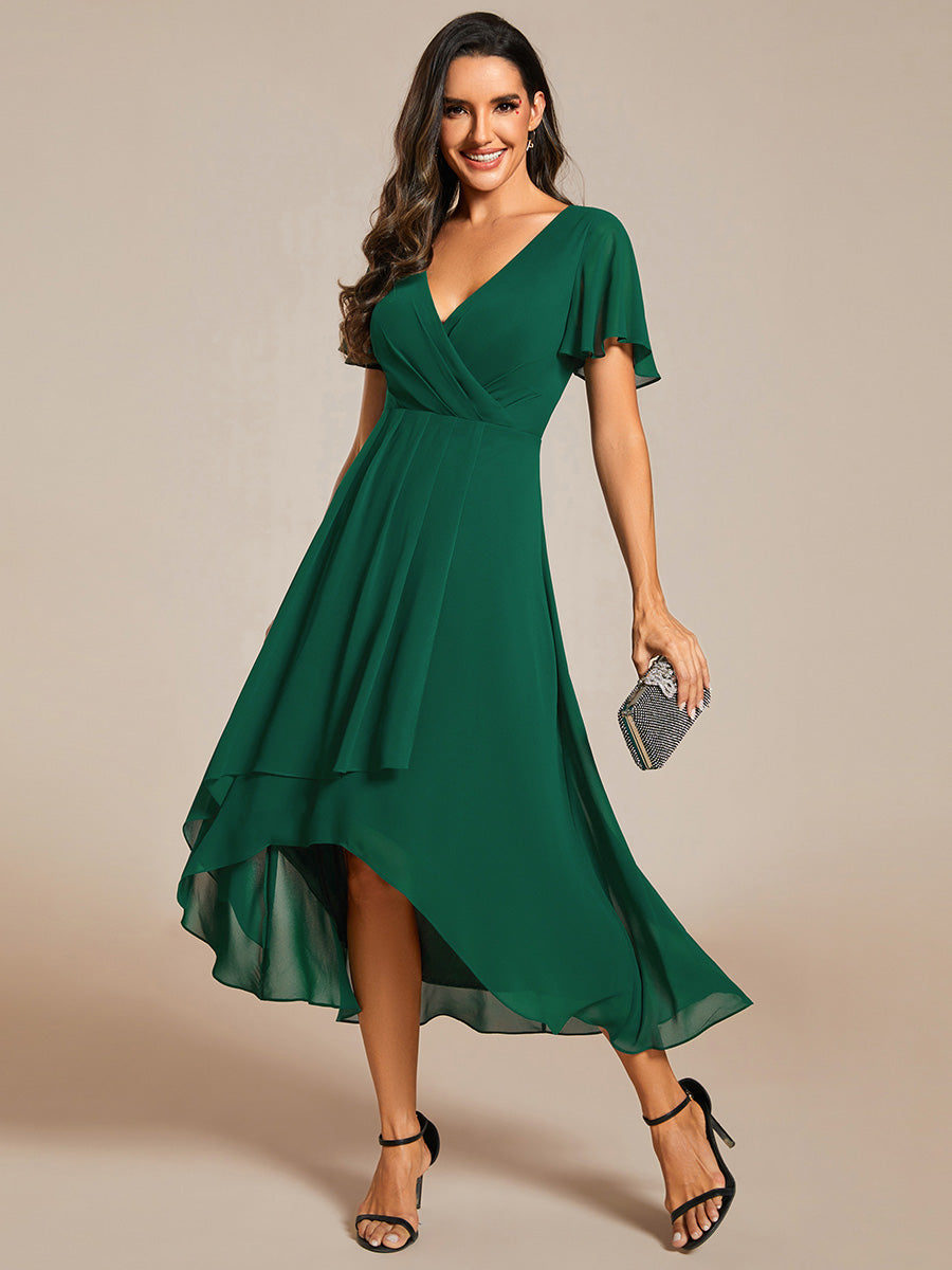 Robe D'invité De Mariage En Mousseline De Soie Mi-Longue Plissée à Manches à Volants Et Col En V #Couleur_Vert Fonce
