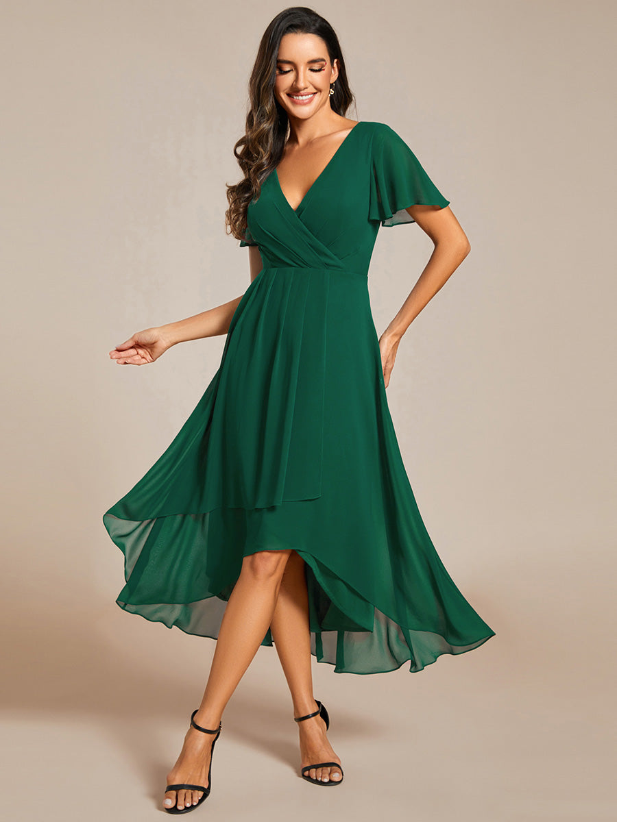 Robe D'invité De Mariage En Mousseline De Soie Mi-Longue Plissée à Manches à Volants Et Col En V #Couleur_Vert Fonce