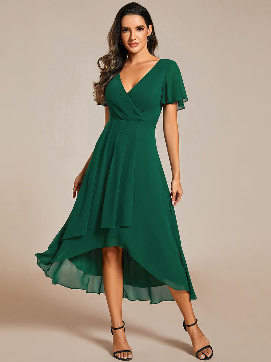 Robe D'invité De Mariage En Mousseline De Soie Mi-Longue Plissée à Manches à Volants Et Col En V #Couleur_Vert Fonce