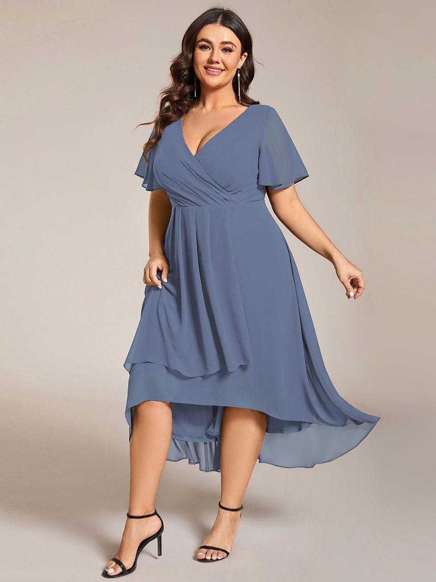 Robe D'invité De Mariage En Mousseline De Soie Mi-Longue Plissée à Manches à Volants Et Col En V #Couleur_Marine Fume