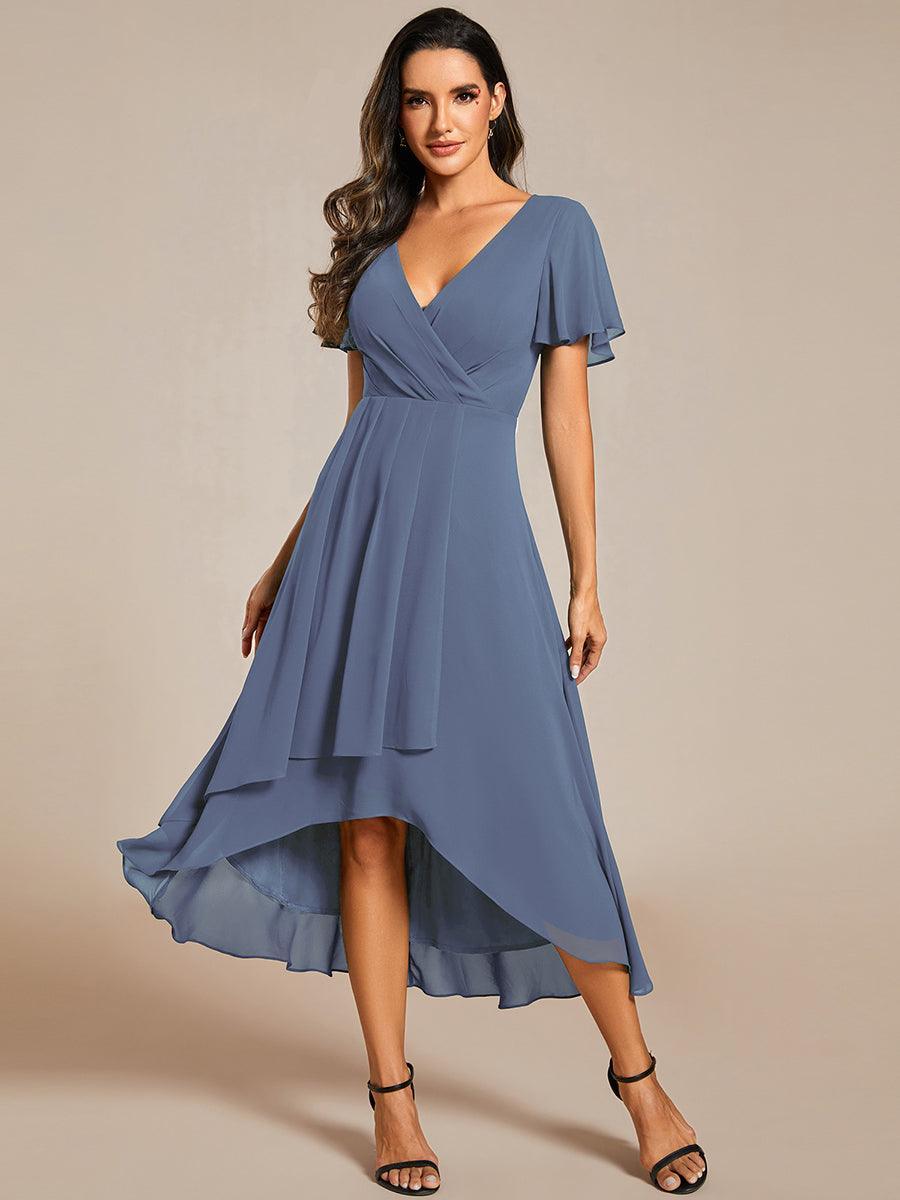 Robe D'invité De Mariage En Mousseline De Soie Mi-Longue Plissée à Manches à Volants Et Col En V #Couleur_Marine Fume