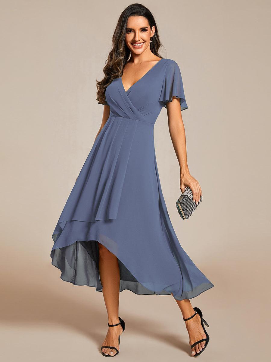 Robe D'invité De Mariage En Mousseline De Soie Mi-Longue Plissée à Manches à Volants Et Col En V #Couleur_Marine Fume