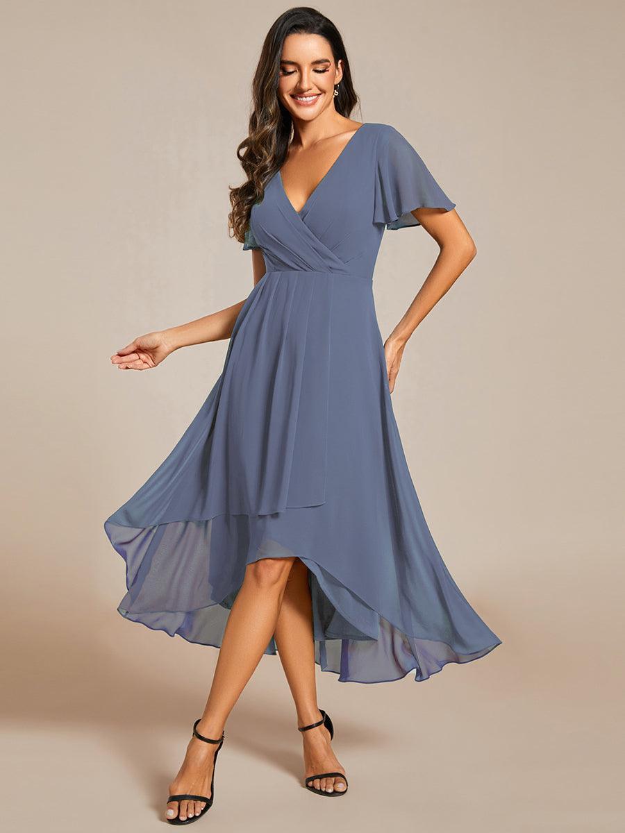 Robe D'invité De Mariage En Mousseline De Soie Mi-Longue Plissée à Manches à Volants Et Col En V #Couleur_Marine Fume