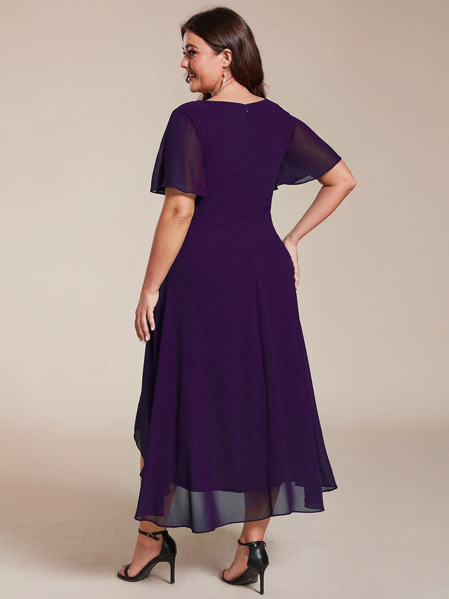Robe D'invité De Mariage En Mousseline De Soie Mi-Longue Plissée à Manches à Volants Et Col En V #Couleur_Violet Fonce