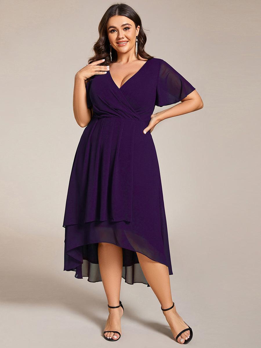 Robe D'invité De Mariage En Mousseline De Soie Mi-Longue Plissée à Manches à Volants Et Col En V #Couleur_Violet Fonce