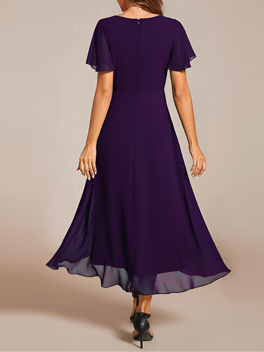 Robe D'invité De Mariage En Mousseline De Soie Mi-Longue Plissée à Manches à Volants Et Col En V #Couleur_Violet Fonce