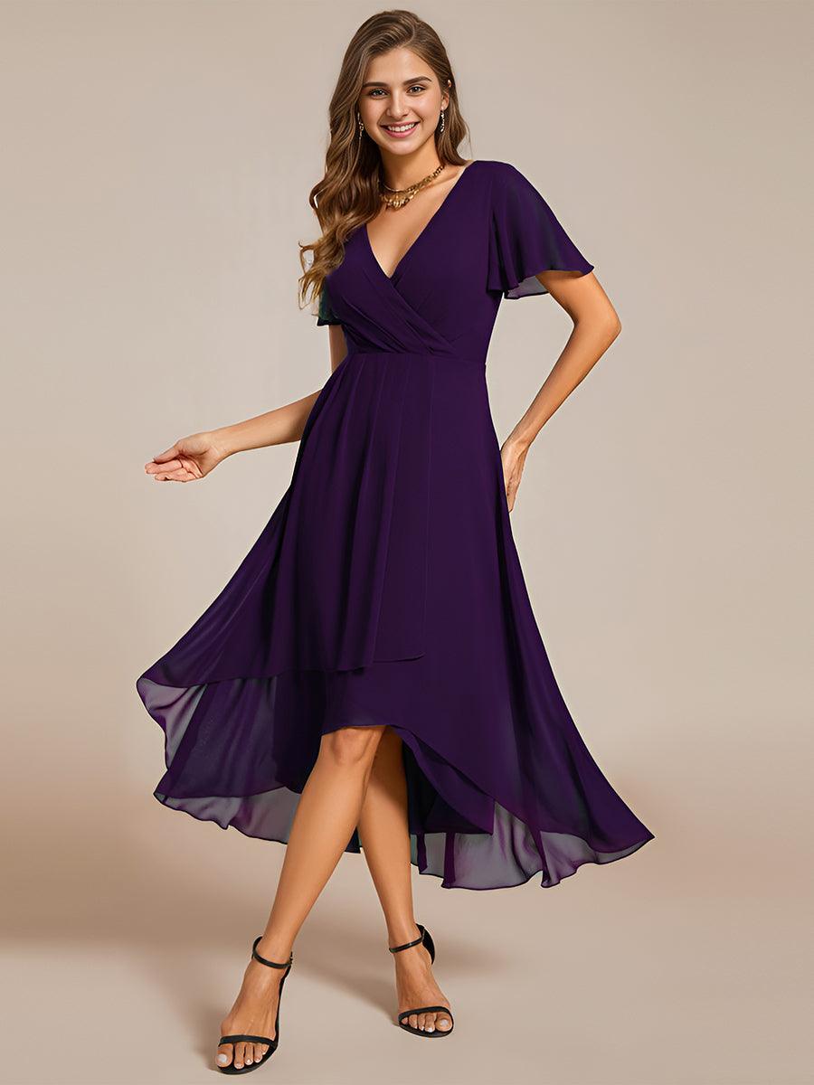 Robe D'invité De Mariage En Mousseline De Soie Mi-Longue Plissée à Manches à Volants Et Col En V #Couleur_Violet Fonce