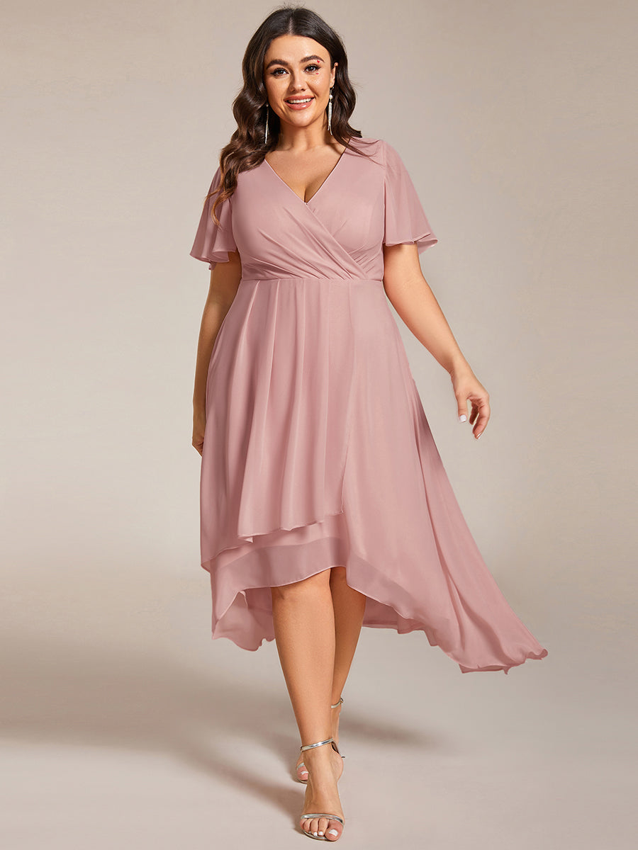 Robe D'invité De Mariage En Mousseline De Soie Mi-Longue Plissée à Manches à Volants Et Col En V #Couleur_Rose fumee
