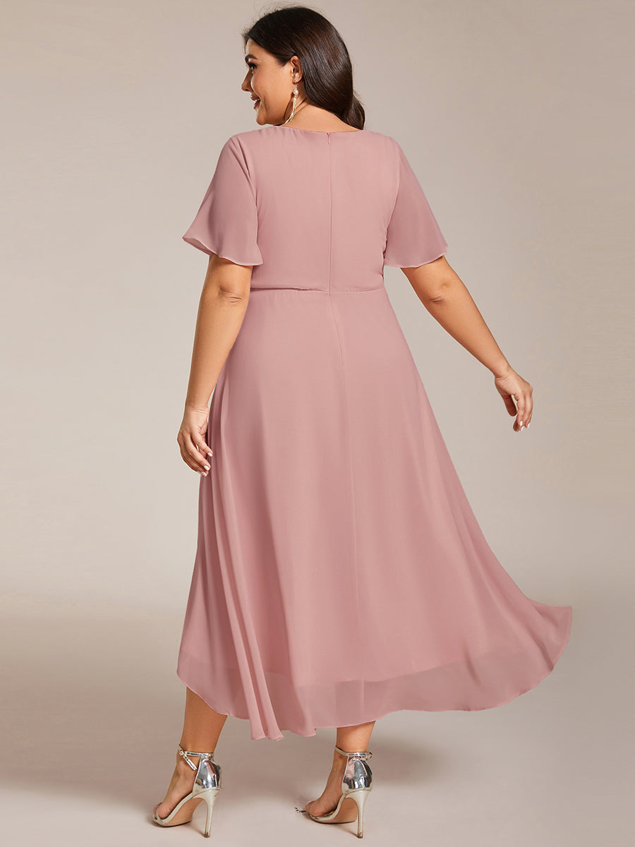 Robe D'invité De Mariage En Mousseline De Soie Mi-Longue Plissée à Manches à Volants Et Col En V #Couleur_Rose fumee