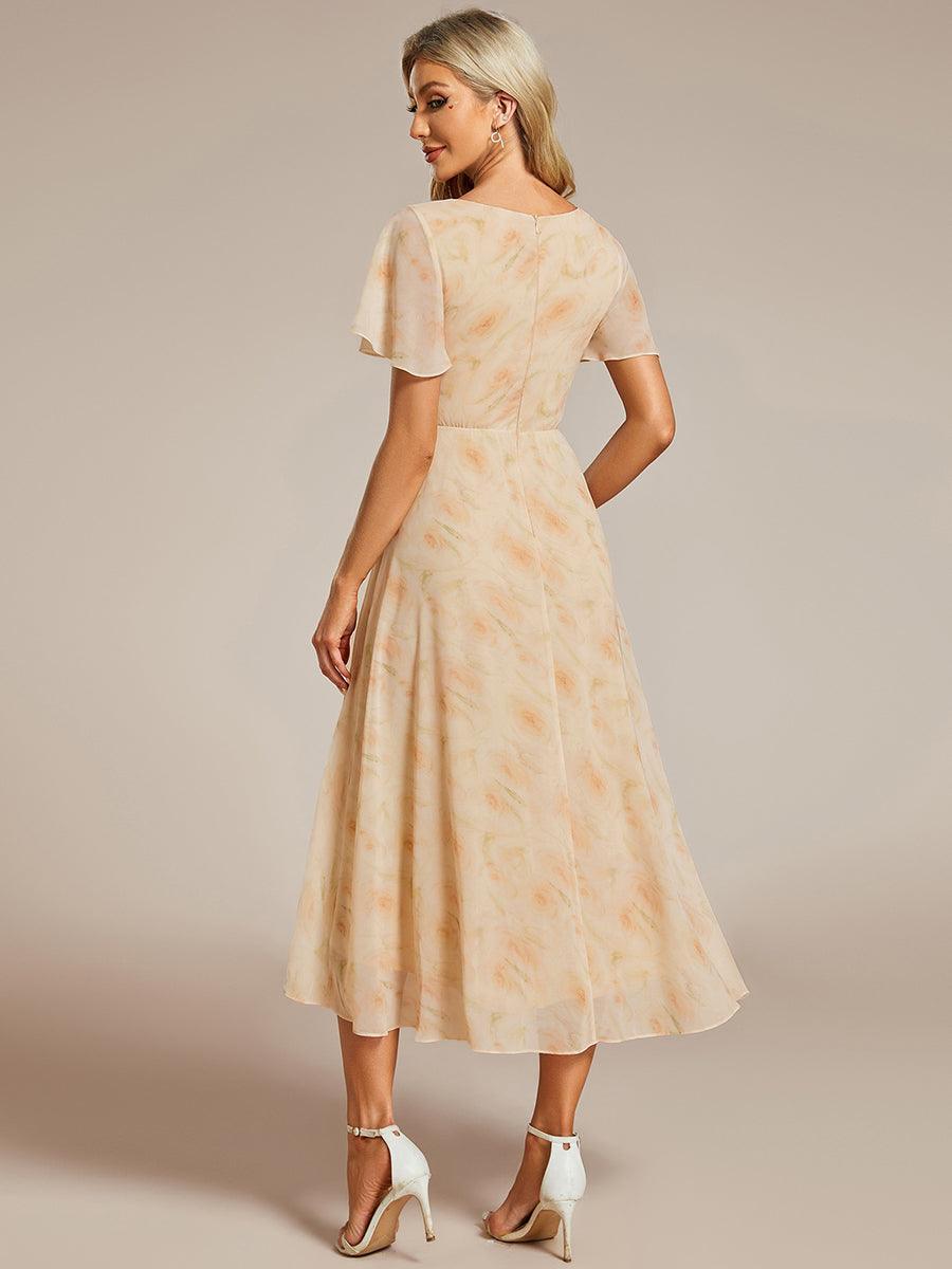 Robe D'invité De Mariage En Mousseline De Soie Mi-Longue Plissée à Manches à Volants Et Col En V #Couleur_Roses Dorées