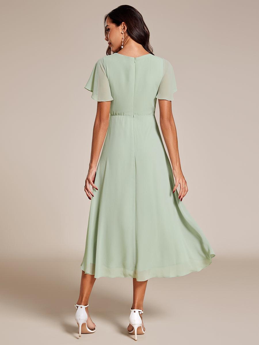 Robe D'invité De Mariage En Mousseline De Soie Mi-Longue Plissée à Manches à Volants Et Col En V #Couleur_Menthe Verte