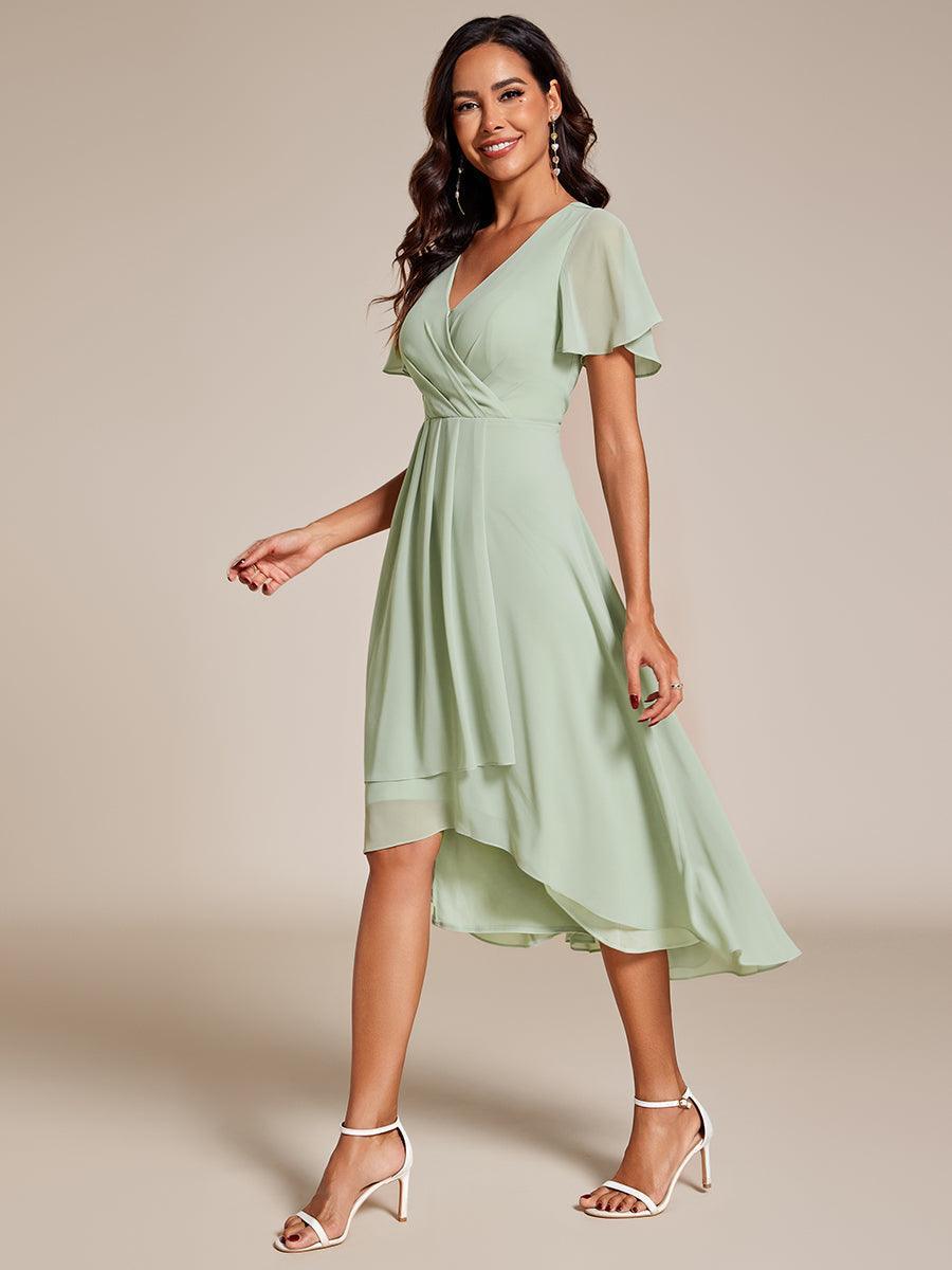 Robe D'invité De Mariage En Mousseline De Soie Mi-Longue Plissée à Manches à Volants Et Col En V #Couleur_Menthe Verte