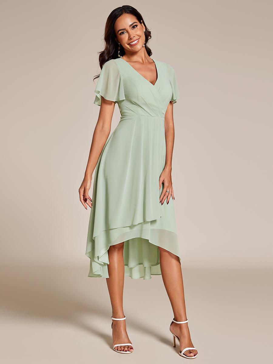Robe D'invité De Mariage En Mousseline De Soie Mi-Longue Plissée à Manches à Volants Et Col En V #Couleur_Menthe Verte