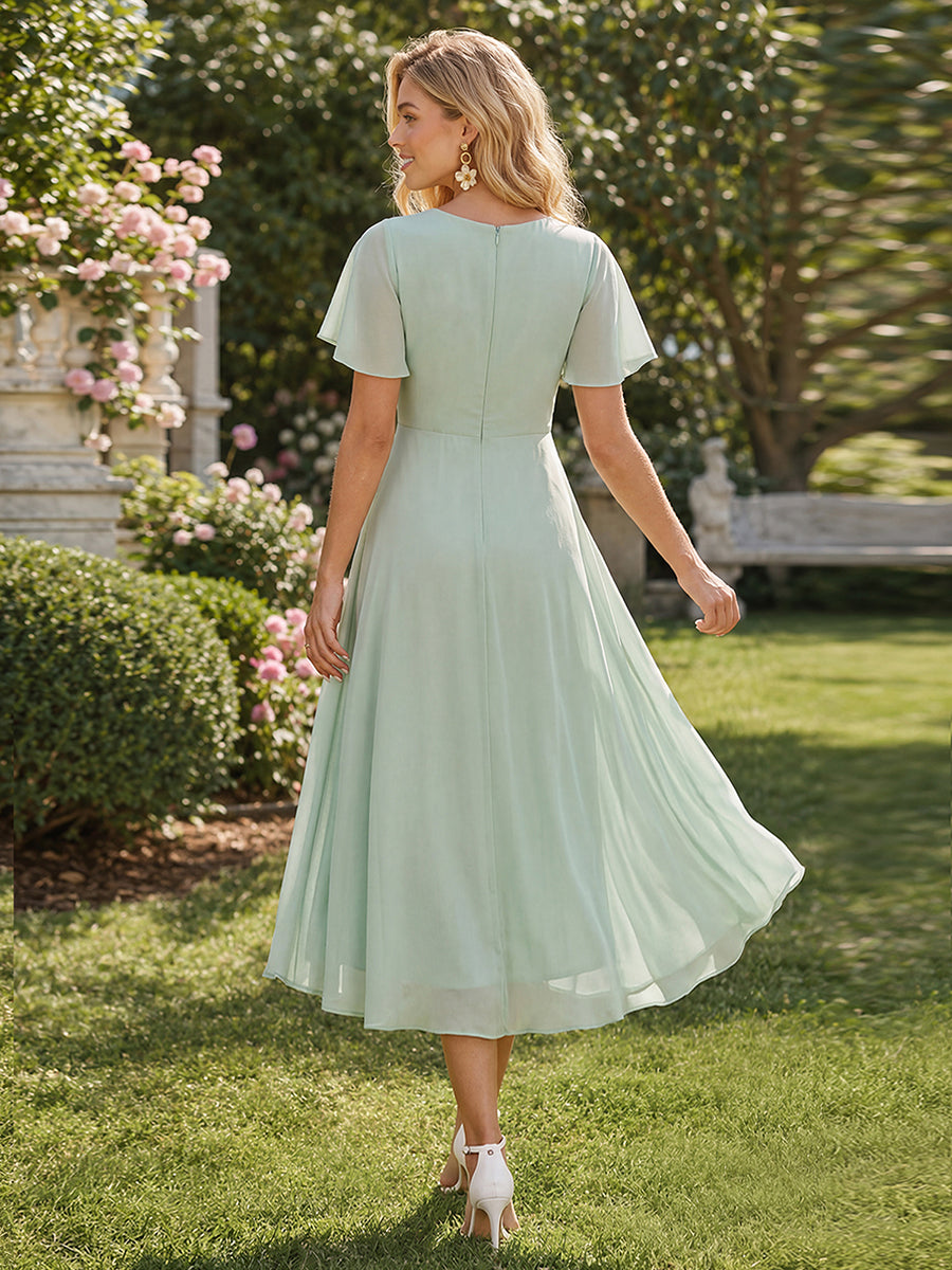 Robe D'invité De Mariage En Mousseline De Soie Mi-Longue Plissée à Manches à Volants Et Col En V #Couleur_Menthe Verte
