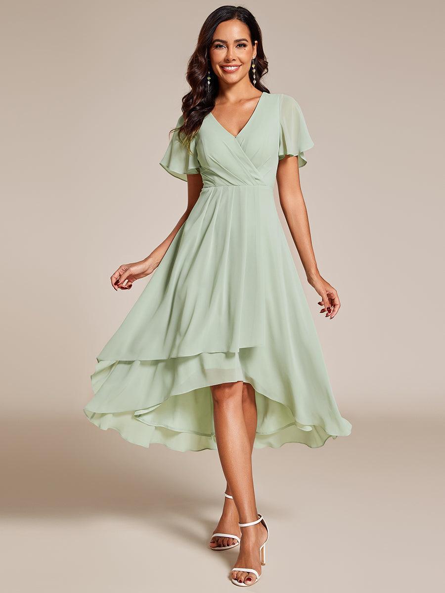 Robe D'invité De Mariage En Mousseline De Soie Mi-Longue Plissée à Manches à Volants Et Col En V #Couleur_Menthe Verte