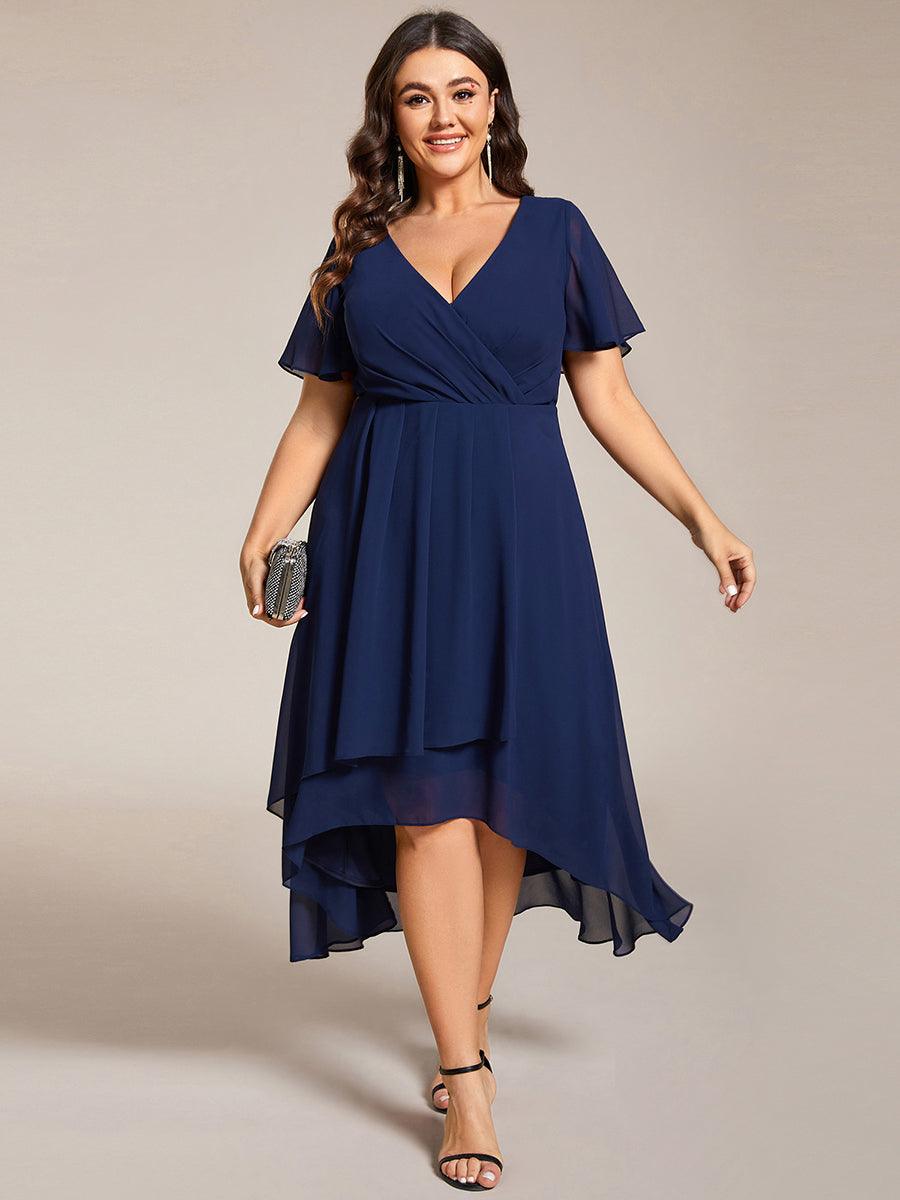 Grande Taille Robe D'invit???| De Mariage Mi-Longue Pliss???|e En Mousseline De Soie ???N Manches Courtes Et Col En V De #Couleur_Bleu Marine