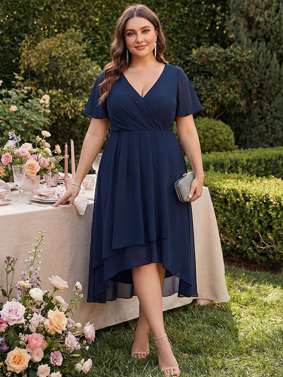 Robe D'invité De Mariage En Mousseline De Soie Mi-Longue Plissée à Manches à Volants Et Col En V #Couleur_Bleu Marine