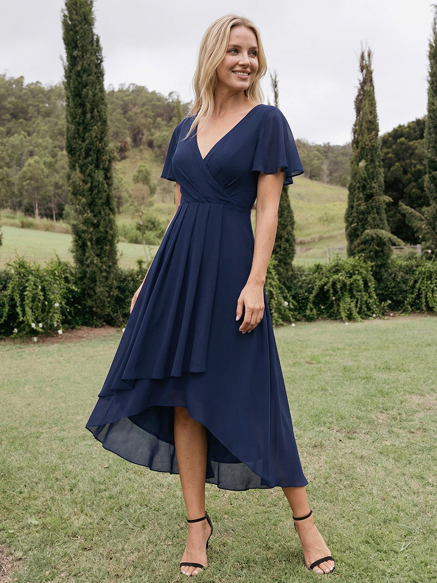Robe D'invité De Mariage En Mousseline De Soie Mi-Longue Plissée à Manches à Volants Et Col En V #Couleur_Bleu Marine