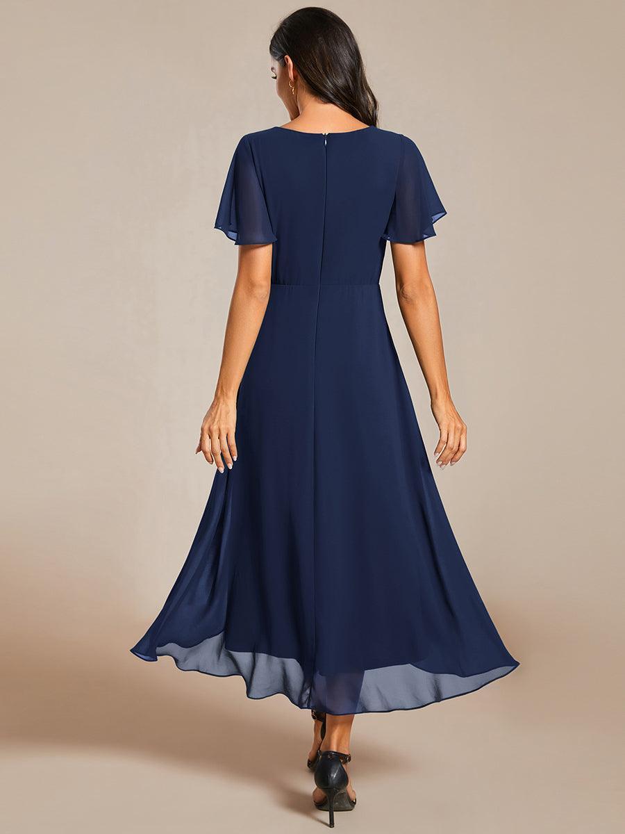 Robe D'invité De Mariage En Mousseline De Soie Mi-Longue Plissée à Manches à Volants Et Col En V #Couleur_Bleu Marine